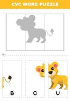 éducation Jeu pour les enfants à apprendre cvc mot par Achevée le puzzle de mignonne dessin animé lionceau image imprimable feuille de travail vecteur