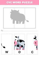 éducation Jeu pour les enfants à apprendre cvc mot par Achevée le puzzle de mignonne dessin animé vache image imprimable feuille de travail vecteur