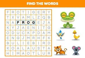 éducation Jeu pour les enfants trouver le mots pour mignonne dessin animé grenouille oiseau canard tigre koala imprimable animal feuille de travail vecteur