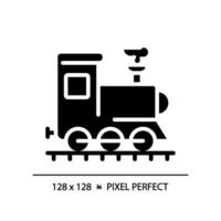 vapeur locomotive pixel parfait noir glyphe icône. rail véhicule. rétro train. chemin de fer transport. industriel révolution. silhouette symbole sur blanc espace. solide pictogramme. vecteur isolé illustration