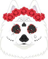 Halloween salutation carte. samoyède chien habillé comme une mexicain crâne avec rouge fleurs sur le sien tête vecteur