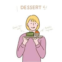 une femme mange des gâteaux et des muffins sur une assiette. illustrations de conception vectorielle de style dessinés à la main. vecteur