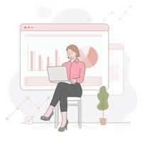 femme regardant un ordinateur portable assis devant l'écran d'analyse d'entreprise Web. illustrations de conception de vecteur de style dessinés à la main.