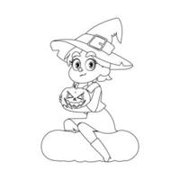 une petit fille est habillé comme une sorcière. elle est vraiment excité et ne peut pas attendez pour Halloween. elle est en portant une citrouille.linéaire style. vecteur
