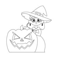 une peu fille portant une sorcière costume est Heureusement en portant une citrouille et à la recherche vers l'avant à halloween.linéaire style. vecteur