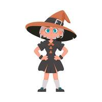 une fille habillé comme une sorcière. Halloween thème fait référence à le concepts et décorations en relation à le vacances de Halloween. dessin animé style, vecteur illustration