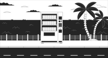 boisson vente machine sur crépuscule front de mer noir et blanc lo Fi esthétique fond d'écran. boisson automate sur coucher quai contour 2d vecteur dessin animé paysage illustration, monochrome lofi Contexte