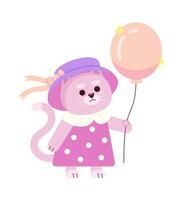 chaton fille en portant ballon semi plat Couleur vecteur personnage. enfantin chat permanent dans mignonne robe. modifiable plein corps personnage sur blanche. Facile dessin animé place illustration pour la toile graphique conception