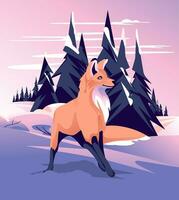 Renard dans le hiver conifère forêt. Fée queue le coucher du soleil paysage. saisonnier repos. vecteur illustration