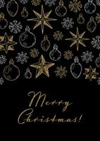 joyeux Noël et content Nouveau année verticale salutation carte avec main tiré d'or étoiles et jouets sur noir Contexte. vecteur illustration dans esquisser style