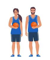 content basketball joueurs couple dans uniforme avec Balle isolé sur blanc Contexte. vecteur illustration.