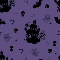 Halloween sans couture modèle avec mystique effrayant Château maison sur violet Contexte avec crânes et toiles d'araignées. vecteur illustration dans silhouette griffonnage style pour de fête conception, décor, emballage.