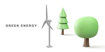 3d réaliste vent turbines et des arbres. vert énergie. nettoyer énergie. vecteur illustration.