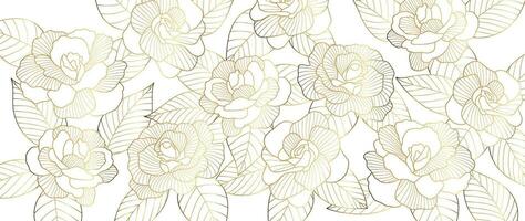 luxe d'or Rose fleur ligne art Contexte vecteur. Naturel botanique élégant fleur avec or ligne art. conception illustration pour décoration, mur décor, fond d'écran, couverture, bannière, affiche, carte. vecteur