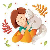 fille avec une chat. confortable l'automne illustration. plat vecteur illustration pour une carte postale, bannière. dessin animé style.