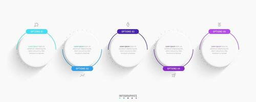 modèle de conception d'étiquettes infographiques vectorielles avec icônes et 5 options ou étapes. peut être utilisé pour le diagramme de processus, les présentations, la mise en page du flux de travail, la bannière, l'organigramme, le graphique d'informations. vecteur