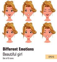 femme avec différentes expressions de visage. jeune fille blonde attirante avec diverses émotions vecteur