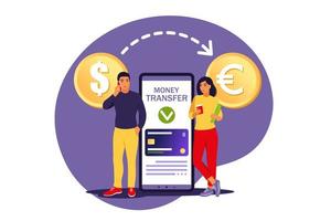 concept de conversion de devises. les utilisateurs de banque mobile transférant de l'argent. paiement en ligne. illustration vectorielle. appartement isolé. vecteur