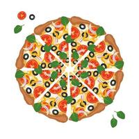 pizza ronde coupée en tranches avec du fromage, des tomates, des olives et du basilic. cuisine italienne lumineuse et délicieuse avec de la pâte et des légumes. vecteur