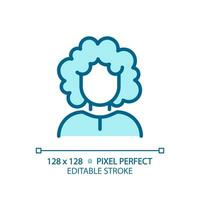 2d pixel parfait modifiable femme avec frisé cheveux bleu icône, isolé vecteur, soin des cheveux mince ligne Facile monochromatique illustration. vecteur