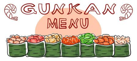 Japonais Sushi menu bannière. gunkanmaki maki ensemble sur blanc Contexte. vecteur