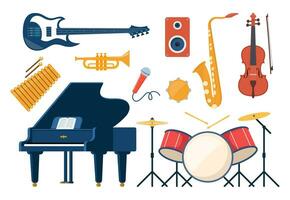 musical instruments, ensemble de Icônes. guitare, synthétiseur, violon, violoncelle, tambouriner, cymbales, saxophone, accordéon, tambourin, grandiose piano. vecteur illustration.