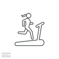 femme fonctionnement sur tapis roulant icône. Facile contour style. courir, femme, Gym équipement, aptitude, exercice machine, sport concept. mince ligne symbole. vecteur isolé sur blanc Contexte. modifiable accident vasculaire cérébral svg.