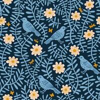 floral sans couture modèle de des oiseaux dans fleurs dans bleu couleurs avec certains Jaune détails. fond d'écran Contexte pour textile, papiers, impressions, mode arrière-plans, paquet conception vecteur