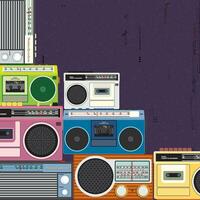 coloré rétro cassette joueur et radio plat conception vecteur illustration sur violet Contexte avec risographe impression effet et avoir Vide espace.