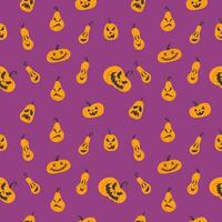 vecteur sans couture modèle avec Halloween jack latern ou lampe, content, sinistre, fatigué, en colère, mignonne citrouille visages sur une violet Contexte.