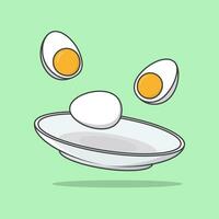 bouilli des œufs sur une assiette dessin animé vecteur illustration. en volant poulet bouilli des œufs nourriture plat icône contour