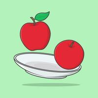 Pomme sur une assiette dessin animé vecteur illustration. Pomme fruit plat icône contour