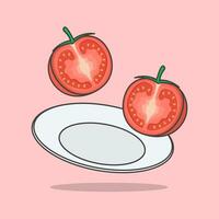 pièces de tomate sur une assiette dessin animé vecteur illustration. en volant tomate plat icône contour