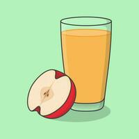 Pomme jus avec fruit dans verre dessin animé vecteur illustration. Pomme jus plat icône contour