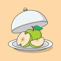 ouvert restaurant cloche avec vert Pomme dessin animé vecteur illustration. Frais Pomme fruit plat icône contour