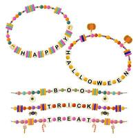 content Halloween collection de bijoux et enfants ornements. ensemble de brillant coloré tressé bracelets fabriqué de Fait main Plastique perles avec mots de le des lettres content, Halloween, huer, astuce, traiter. vecteur