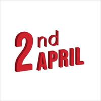 2e avril , du quotidien calendrier temps et Date programme symbole. moderne conception, 3d le rendu. blanc Contexte. vecteur