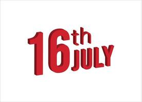 16e juillet , du quotidien calendrier temps et Date programme symbole. moderne conception, 3d le rendu. blanc Contexte. vecteur