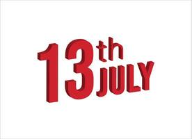 13e juillet , du quotidien calendrier temps et Date programme symbole. moderne conception, 3d le rendu. blanc Contexte. vecteur