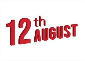 12e août , du quotidien calendrier temps et Date programme symbole. moderne conception, 3d le rendu. blanc Contexte. vecteur