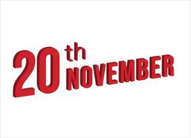 20e novembre , du quotidien calendrier temps et Date programme symbole. moderne conception, 3d le rendu. blanc Contexte. vecteur
