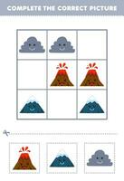 éducation Jeu pour les enfants Achevée le correct image de une mignonne dessin animé volcan Montagne et nuage imprimable la nature feuille de travail vecteur