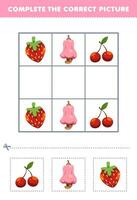 éducation Jeu pour les enfants Achevée le correct image de une mignonne dessin animé Cerise anacardier et fraise imprimable fruit feuille de travail vecteur