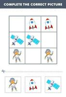 éducation Jeu pour les enfants Achevée le correct image de une mignonne dessin animé astronaute fusée et Satellite imprimable profession feuille de travail vecteur