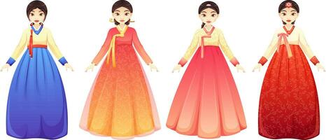 hanbok, traditionnel coréen vêtements. quatre coréen les filles dans différent hanbok vecteur