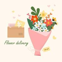 fleur livraison concept le destinataire.papier enveloppe, carte postale, bouquet fleur. vecteur