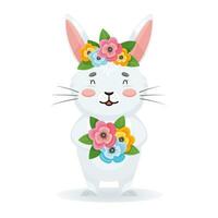 mignonne gris lapin des stands avec une bouquet de fleurs dans le sien mains. magnifique fille lapin avec couronne sur tête vecteur