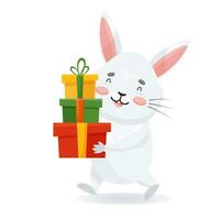 mignonne gris lapin porte cadeaux. content lapin va à donner cadeaux. personnage dans dessin animé style pour vacances journée vecteur