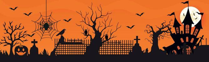 Halloween ville panorama dans Halloween effrayant vieux gothique château, brumeux nuit, hanté Manoir . vecteur illustration.