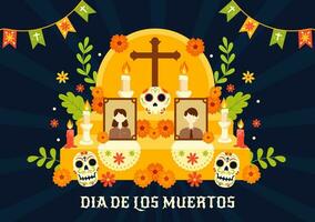 dia de los muertos vecteur illustration avec journée de le mort, jouer musique, squelette dans mexicain costumes et sombrero dans plat dessin animé Contexte